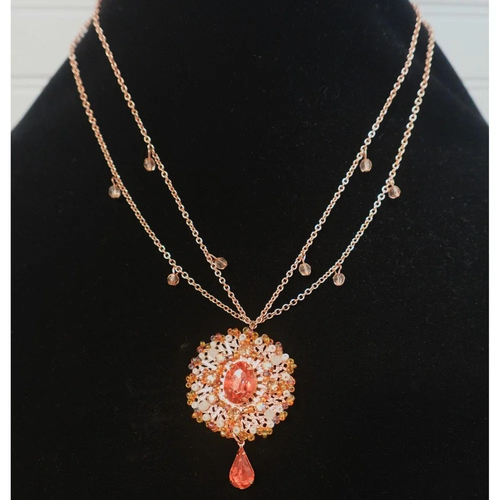 Avon Peach Paradise Rose Gold Tone Layered Medallion Necklace Double Strand